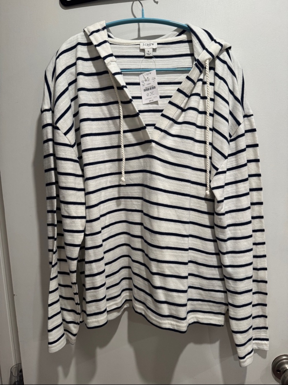J. Crew White & Navy Striped Hooded Pullover Sweater